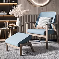 Stylish Blue Lounge Chair Ottoman Pillow Pink Throw Wooden Backdrop Circular Light Bookshelf White Flowers