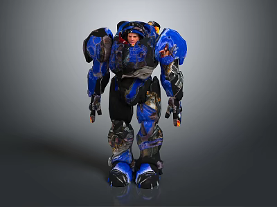 Human Character In Blue Mech Suit With Detailed Armor And Glowing Accents 3d model
