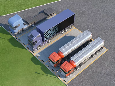 Truck Parking Lot With Blue Purple Orange And Silver Tanker Trucks Near Green Grass Area 3d model