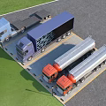 Truck Parking Lot With Blue Purple Orange And Silver Tanker Trucks Near Green Grass Area