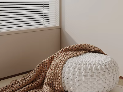 Cozy White Woven Side Table With Brown Knitted Blanket By Window With Blinds 3d model