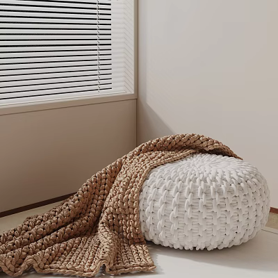 Cozy White Woven Side Table With Brown Knitted Blanket By Window With Blinds 3d model