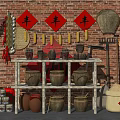 Industrial Equipment Storage Shelves On Brick Wall With Ceramic Jars And Tools