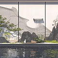 Modern Scenic Wall With Mountain Pattern Waterfall Rockery And Pine Tree By Water Pool 3d model