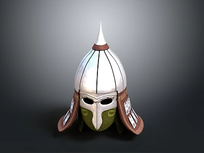 Ancient Spiked Silver Helmet With Green Face Guard And Brown Ear Flaps 3d model