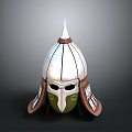 Ancient Spiked Silver Helmet With Green Face Guard And Brown Ear Flaps