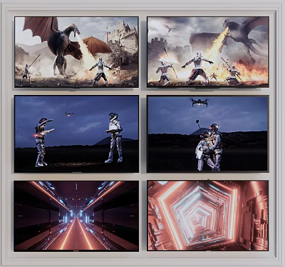 Television With Multiple Screens Showing Fantasy Sci Fi Scenes Warriors Dragon Drone And Tunnel 3d model