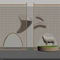 Elegant Perforated Wooden Room Divider Design With Arched Elements And Sheep Sculpture