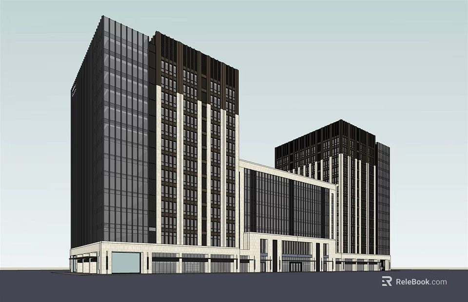 Modern Twin Office Towers With Glass Curtain Walls And Low Rise Connecting Structure 3d model 