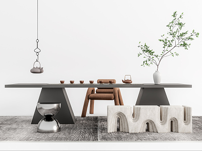 Modern Tea Table and Chair Tea Table and Chair Combination Stool Tea Set Green Plant Vase Ornaments 3d model