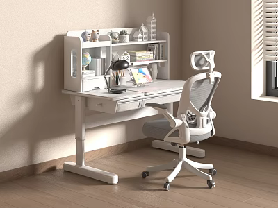 White Kids Study Desk with Shelf Globe Lamp Books and Rolling Chair 3d model