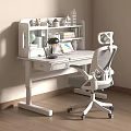 White Kids Study Desk with Shelf Globe Lamp Books and Rolling Chair