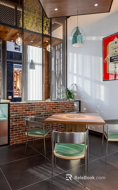 Modern Restaurant Interior With Brick Partition Wooden Table Metal Chairs And Green Plants 3d model 