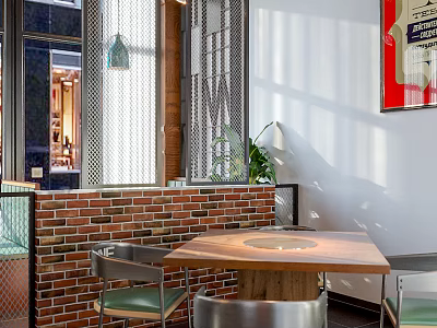 Modern Restaurant Interior With Brick Partition Wooden Table Metal Chairs And Green Plants 3d model