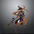 Armored Warrior Character With Mythical Beast Holding Sword And Orange Ribbons