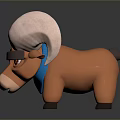 Cartoon Ram 3D Model With Large Curved White Horns Blue Collar And Serious Expression