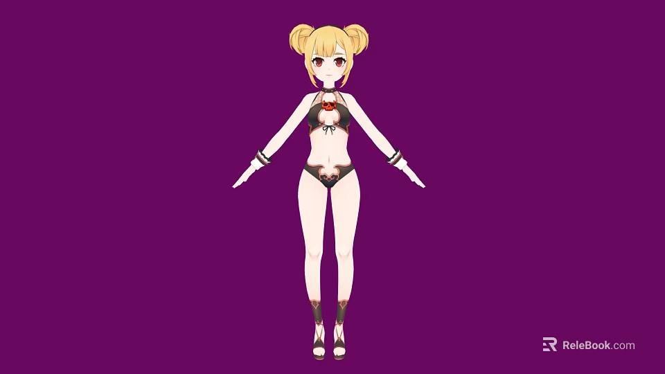 A Woman With Blonde Pigtails Golden Eyes Wearing Bikini And High Heels Against Purple Background 3d model