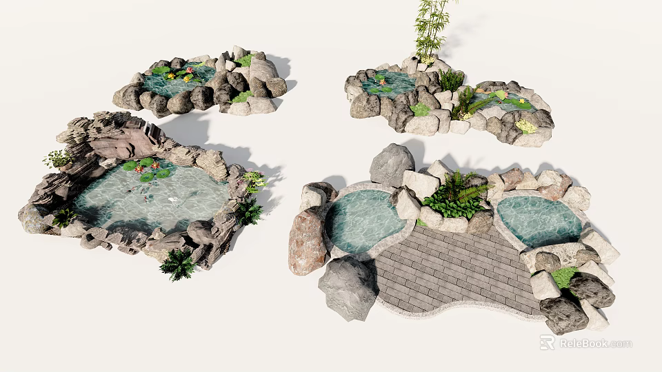 Garden Ornaments With Small Water Ponds Decorative Stones Winding Pathway And Green Plants 3d model 