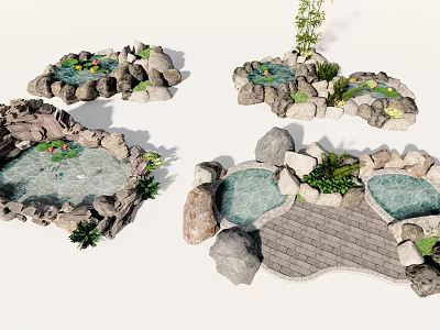 Garden Ornaments With Small Water Ponds Decorative Stones Winding Pathway And Green Plants 3d model