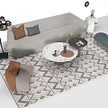 Modern Sofa Coffee Table Combination With Decorative Pillows Round Table Vase and Patterned Rug 3d model