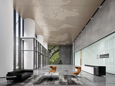 Modern Lobby Front Desk Reception With Glass Partitions Black Sofa And Ceiling Design 3d model