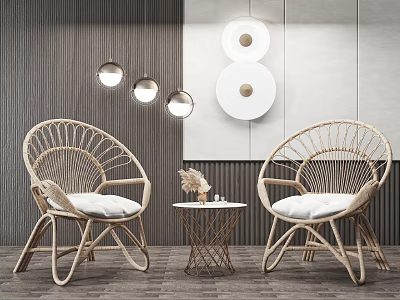 Leisure Sofa Set With Rattan Design White Cushions Modern Side Table And Wall Decor Lighting 3d model