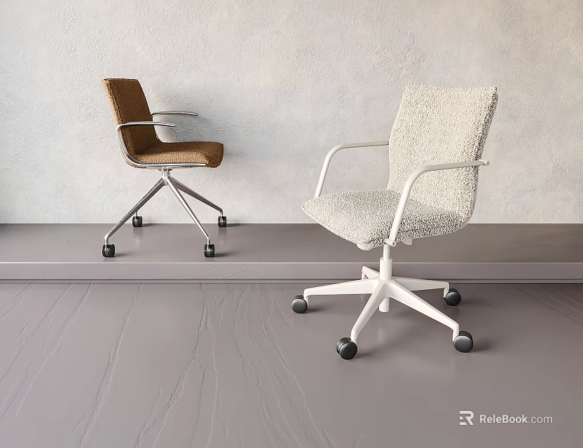 Modern Office Chair With Brown Fabric And White Plush Design Metal Base And Wheels 3d model 