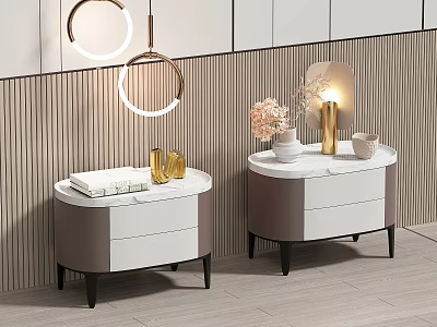 Pair of Modern Nightstands With White Marble Top Brown Cabinet Flower Vase Candle and Books 3d model