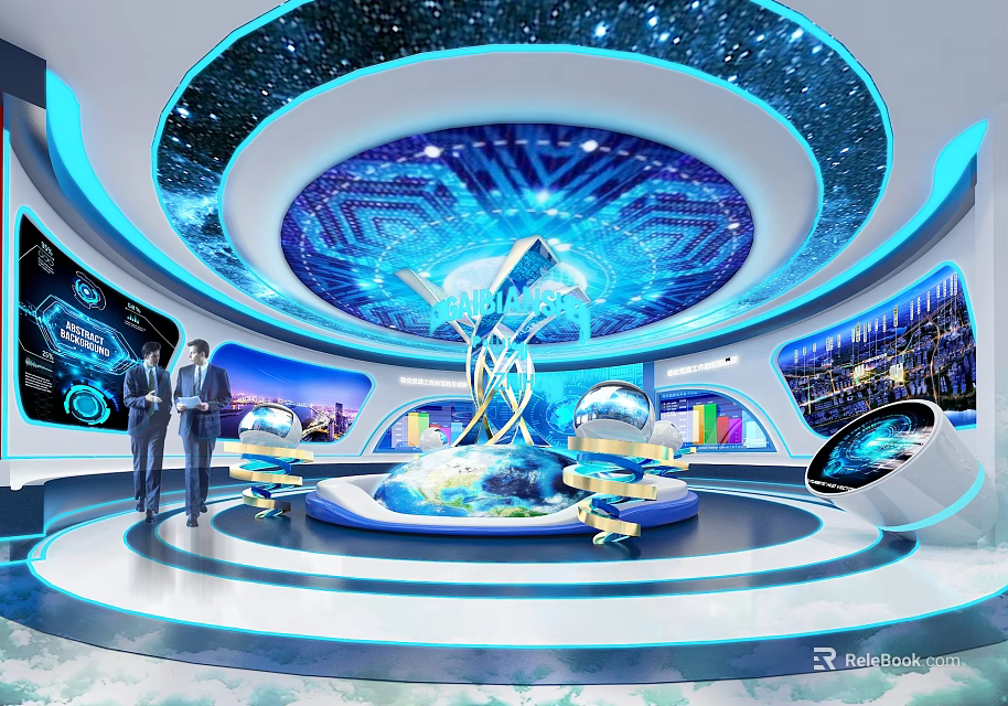 Futuristic Tech Exhibition Space With Circular Ceiling Blue Lighting And Digital Displays 3d model