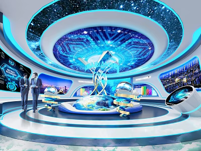 Futuristic Tech Exhibition Space With Circular Ceiling Blue Lighting And Digital Displays 3d model