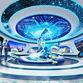 Futuristic Tech Exhibition Space With Circular Ceiling Blue Lighting And Digital Displays 3d model