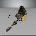 Character With Biomechanical Prosthetic Leg In Dark Background Featuring Yellow Brown Metal Components And Fragments