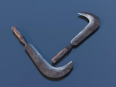 Two Curved Metal Bladed Hardware Tools With Wooden Handles And Sharp Cutting Edges 3d model