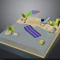 Sand Beach Pool Scene With Purple Slide Deck Chair Colorful Umbrella Palm Tree And Beach Ball