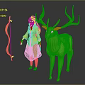 Red Haired Female Character In Red Coat With Large Antlered Brown Deer And Red Bow