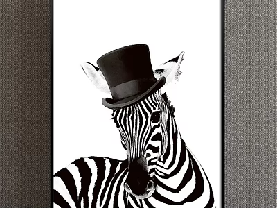 Zebra Animal Painting with Black Top Hat Monochrome Stylish Portrait on White Background 3d model
