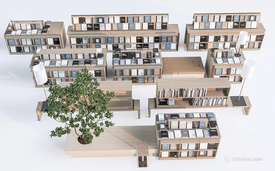 Modern Wooden Bookcases With Various Designs Books Plant And Bench Arrangement 3d model 