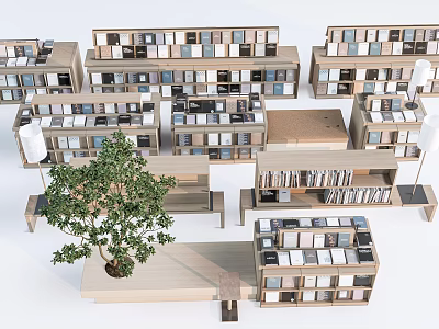 Modern Wooden Bookcases With Various Designs Books Plant And Bench Arrangement 3d model
