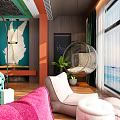 Modern Living Room Interior With Green Sofa Red Ottoman Chandelier Large Windows And Piano