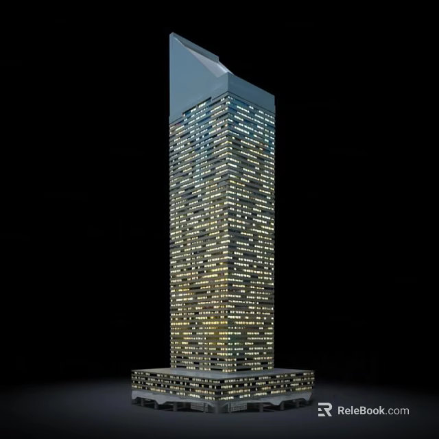 Modern Illuminated Skyscraper With Glass Windows And Base Platform At Night 3d model 