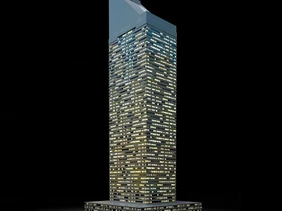 Modern Illuminated Skyscraper With Glass Windows And Base Platform At Night 3d model