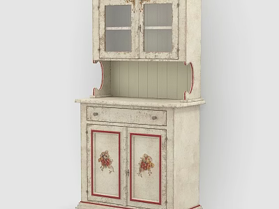 Vintage White Sideboard With Glass Cabinet Doors And Floral Decorative Patterns 3d model