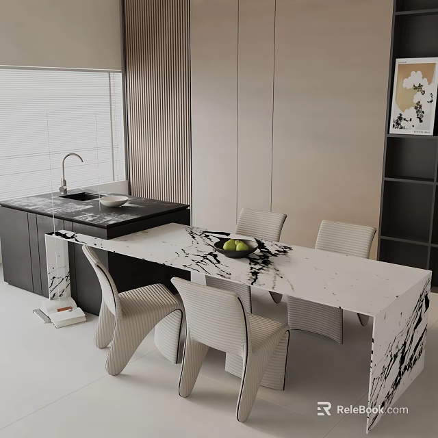 Modern Dining Table Set With Marble Top And Stylish Chairs In Kitchen Interior 3d model