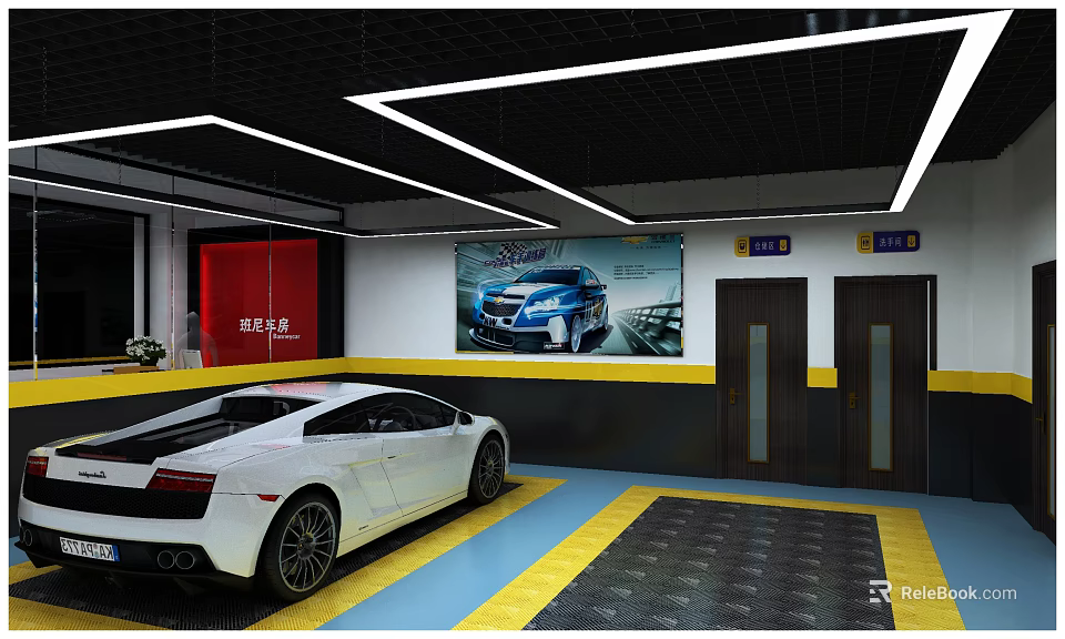 4S Car Dealership Showroom With White Sports Car On Yellow Blue Floor And Car Poster 3d model 