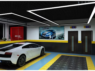 4S Car Dealership Showroom With White Sports Car On Yellow Blue Floor And Car Poster 3d model
