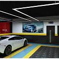 4S Car Dealership Showroom With White Sports Car On Yellow Blue Floor And Car Poster