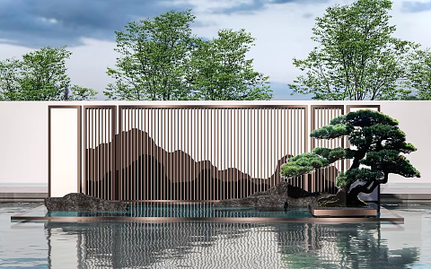 New Chinese style landscape sketch landscape wall fence landscape wall background wall screen grid landscape wall 3d model