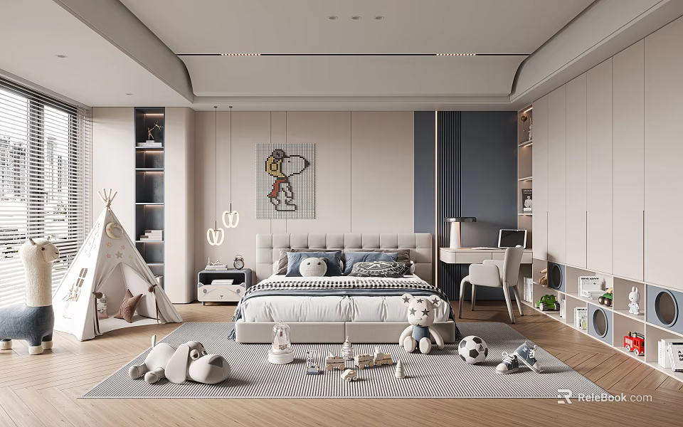 Modern Kids Bedroom With Teepee Stuffed Toys Bed And Shelves 3d model 