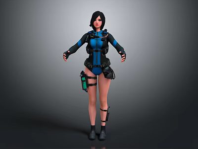 3D Female Character Model In Blue Black Combat Suit With Tactical Gear And Open Stance 3d model