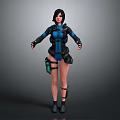 3D Female Character Model In Blue Black Combat Suit With Tactical Gear And Open Stance